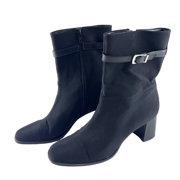 Easy Spirit Black Block Heel Ankle Boots Size 9B Womens Fabric & Leather Upper - Picture 1 of 13